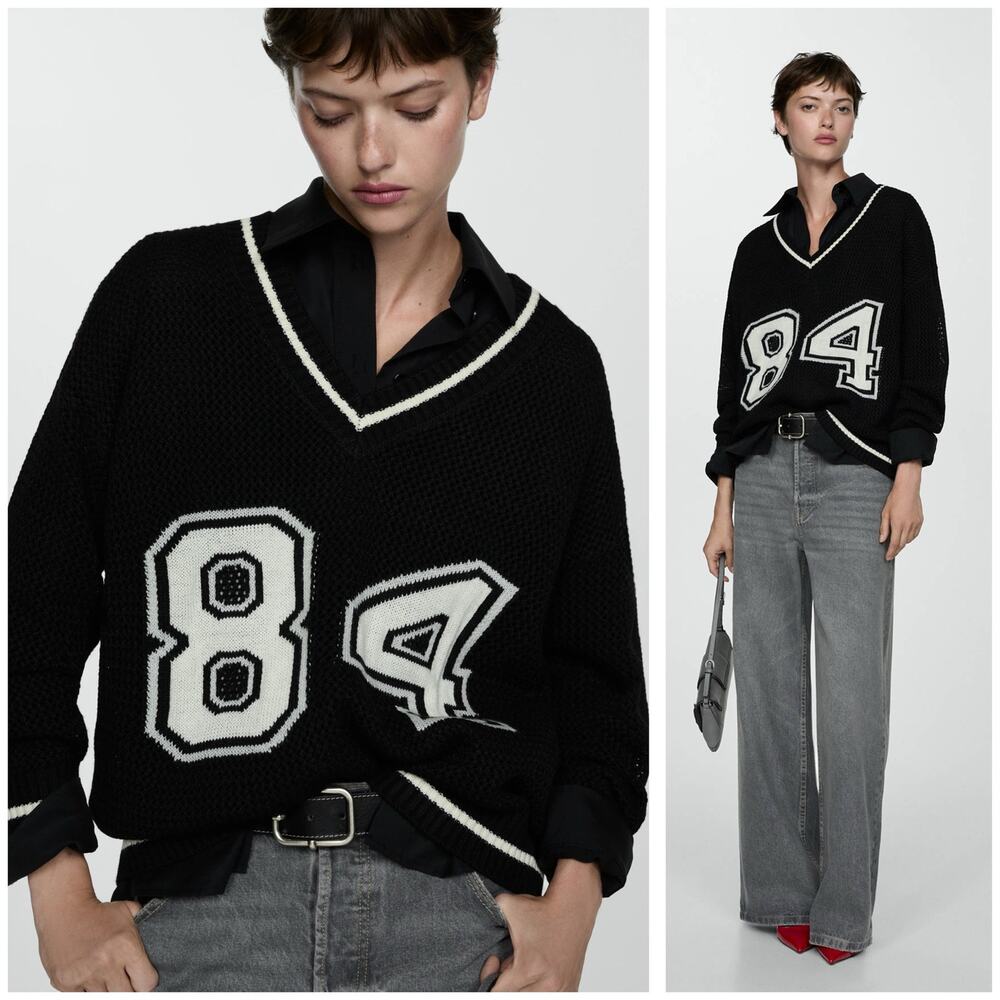Mango Oversized V-Neck Sweater Size Small Jersey Style Knit 84 Racing